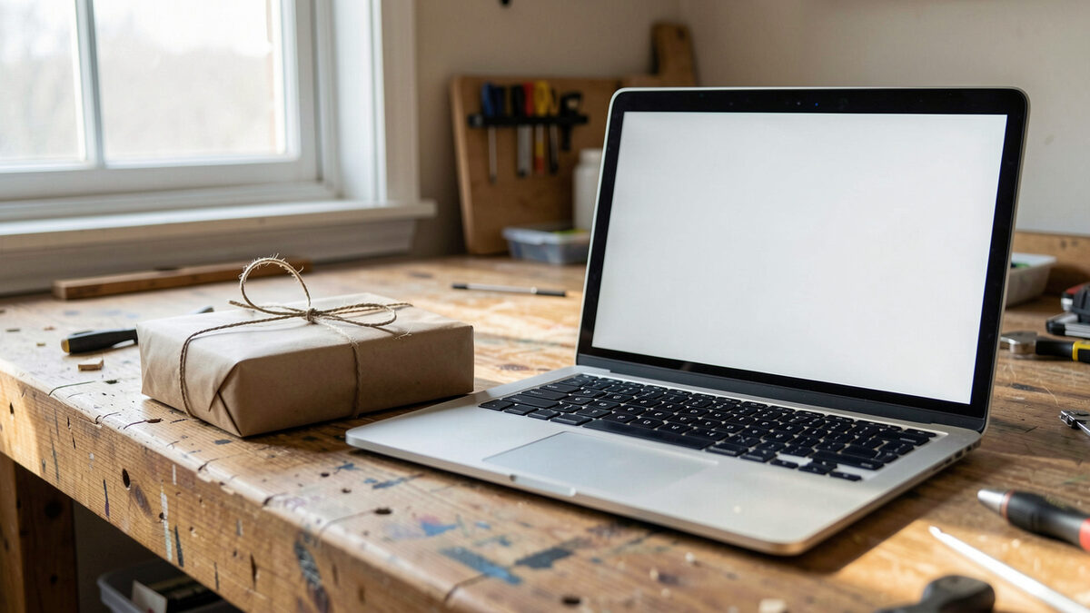 A brown paper parcel tied with twine on a wooden workbench beside an open laptop, morning light from a side window