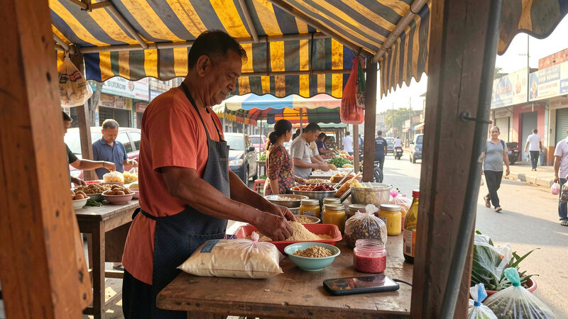 A photograph of a market trader arranging goods on a stall under a striped awning while a phone rests on the counter, morning light