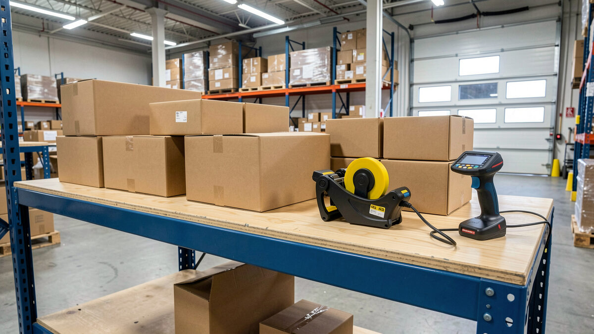 A photograph of a warehouse packing bench with cardboard boxes, a tape dispenser and a hand scanner, industrial lighting